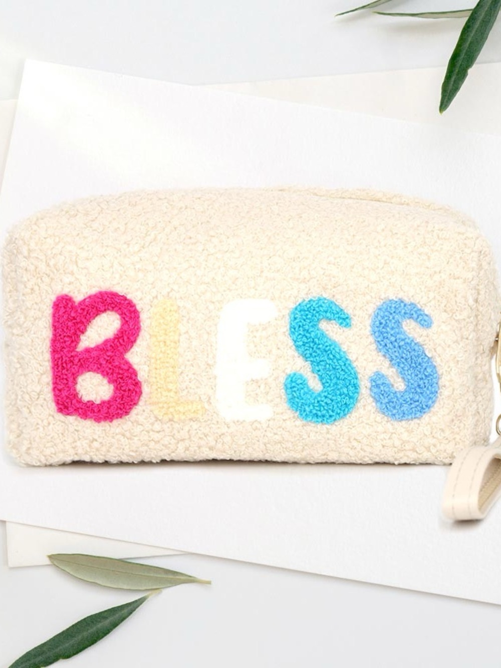 Cream 'BLESS' Sherpa Kids Pouch - Multicolor Lettering
